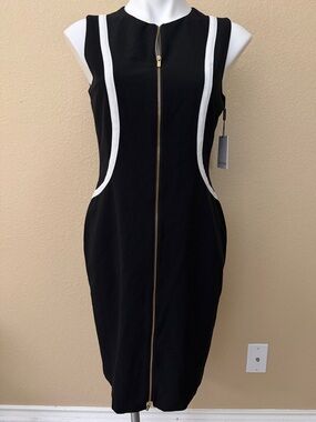Calvin Klein Black and White Zip-Front Midi Sheath Dress